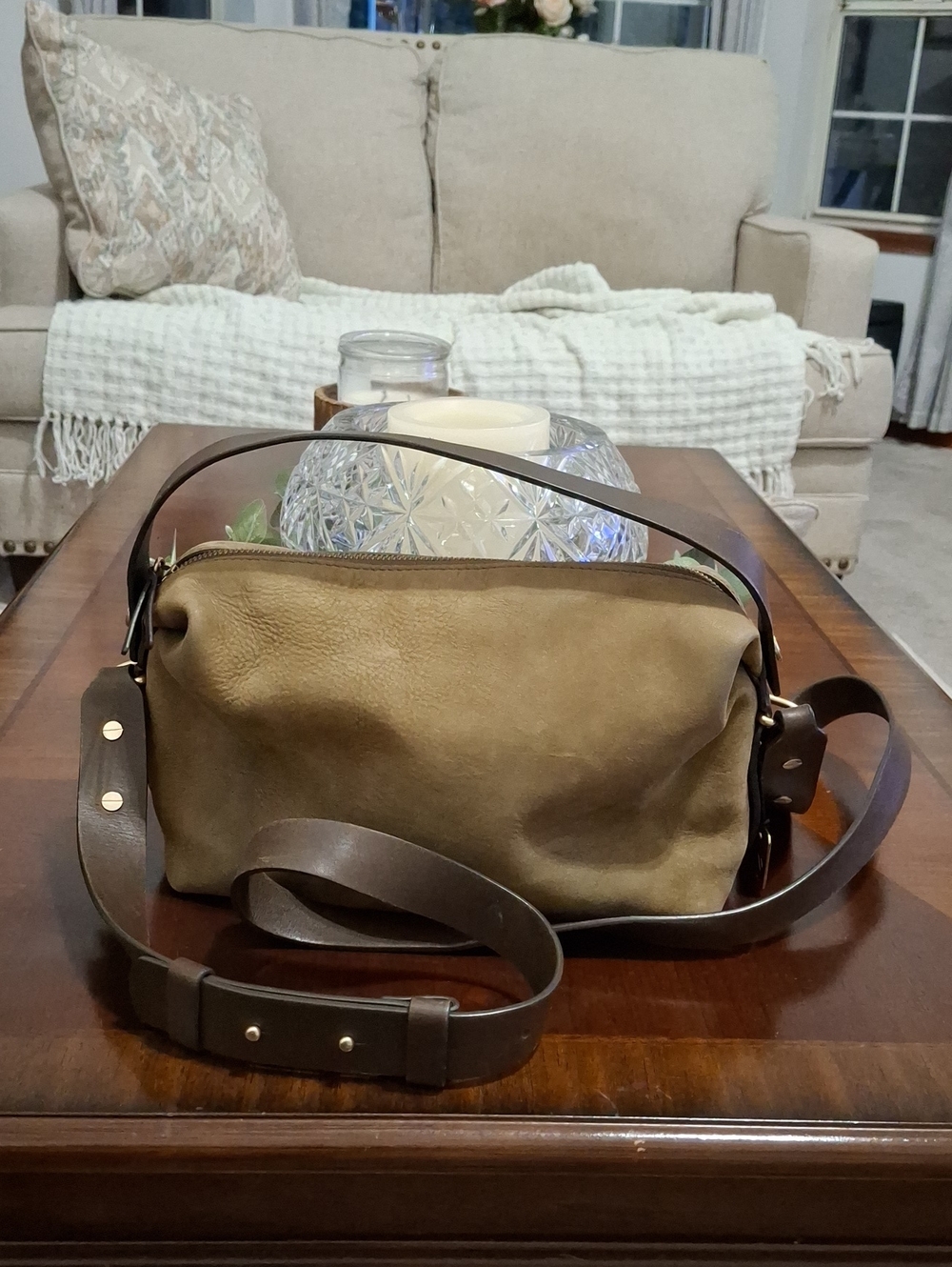 Skagen Leather Crossbody Bag in Olive with Dark Brown Adjustable Strap